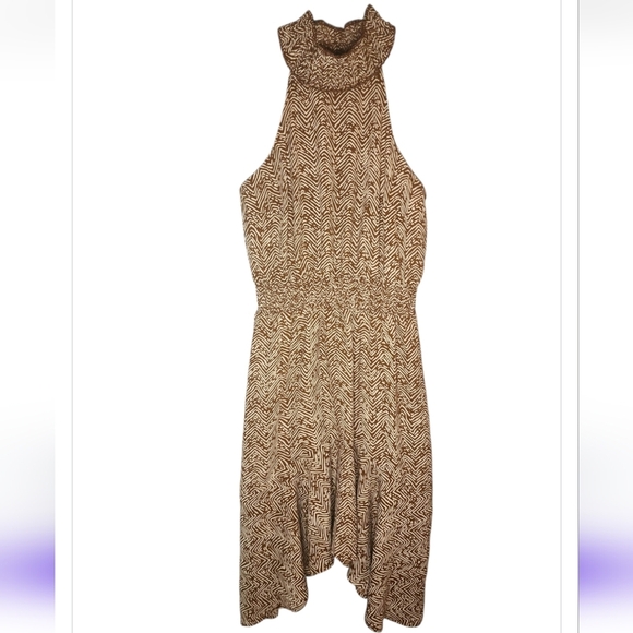 Maurices Brown Cream Smock Mock Neck Halter Sleeveless Asymmetrical Dress XS Mid - Picture 3 of 11
